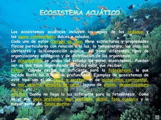Los ecosistemas acuáticos incluyen las aguas de los océanos y
las aguas continentales dulces o saladas.
Cada uno de estos cuerpos de agua tiene estructuras y propiedades
físicas particulares con relación a la luz, la temperatura, las olas, las
corrientes y la composición química, así como diferentes tipos de
organizaciones ecológicas y de distribución de los organismos.
La oceanografía se ocupa del estudio de estos ecosistemas. Pueden
ser de dos tipos dependiendo de la luz solar que reciben:
Fótico: Cuando recibe luz suficiente para la fotosíntesis, lo que
sucede hasta los 200 m de profundidad. Ejemplos de ecosistemas de
este tipo son el de playa o costero, el de plataforma continental,
de mar abierto, arrecife de coral, laguna de atolón, desembocadura
de río, etc.12
Afótico: Donde no llega la luz suficiente para la fotosíntesis. Como
en el mar poco profundo, mar profundo, abisal, fosa oceánica y la
mayor parte del fondo marino.
 