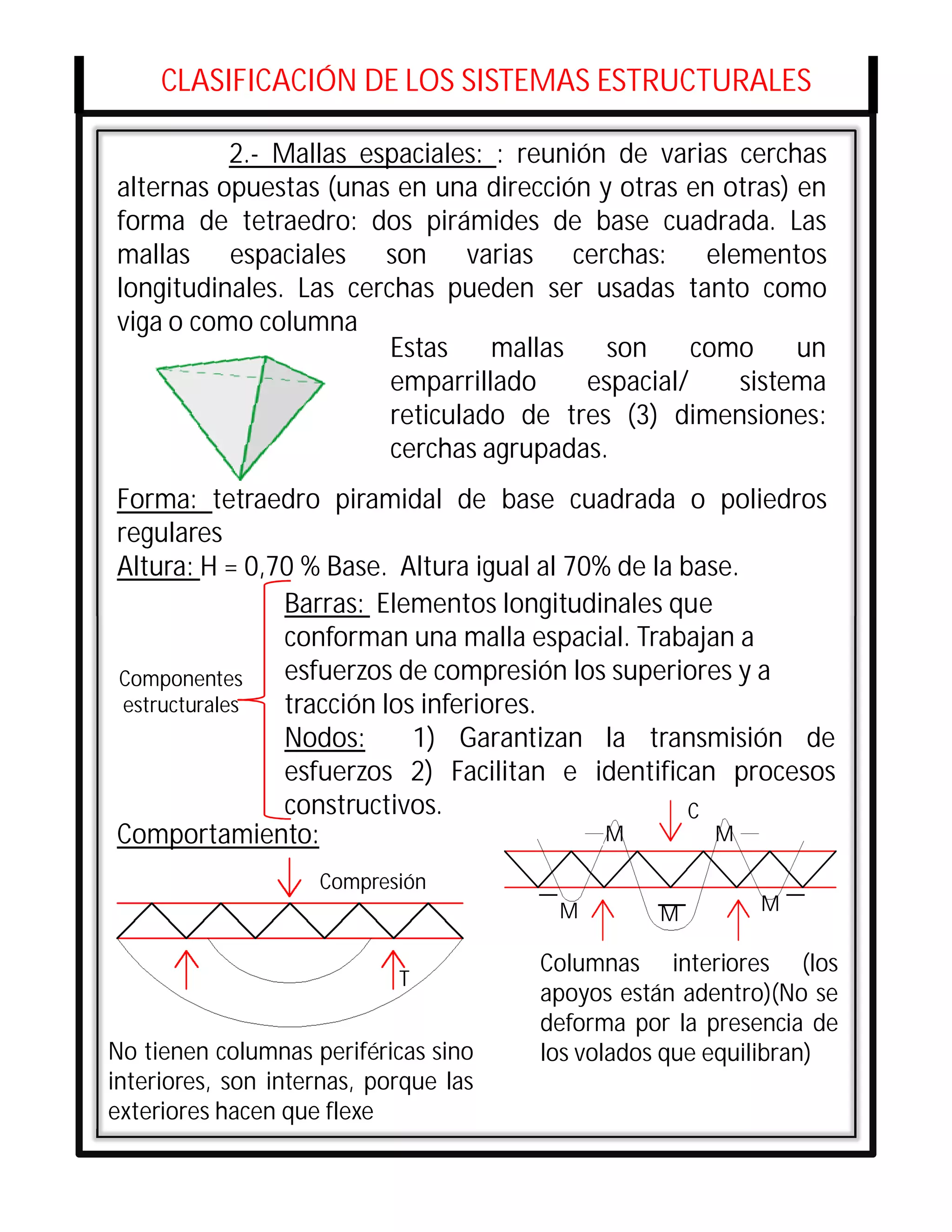CLASIFICACIÓN DE LOS SISTEMAS ESTRUCTURALES

          2.- Mallas espaciales: : reunión de varias cerchas
alternas opuestas (unas en una dirección y otras en otras) en
forma de tetraedro: dos pirámides de base cuadrada. Las
mallas espaciales son varias cerchas: elementos
longitudinales. Las cerchas pueden ser usadas tanto como
viga o como columna
                        Estas    mallas    son     como    un
                        emparrillado     espacial/    sistema
                        reticulado de tres (3) dimensiones:
                        cerchas agrupadas.
Forma: tetraedro piramidal de base cuadrada o poliedros
regulares
Altura: H = 0,70 % Base. Altura igual al 70% de la base.
               Barras: Elementos longitudinales que
               conforman una malla espacial. Trabajan a
Componentes    esfuerzos de compresión los superiores y a
 estructurales tracción los inferiores.
               Nodos:      1) Garantizan la transmisión de
               esfuerzos 2) Facilitan e identifican procesos
               constructivos.                       C
Comportamiento:                             M         M

                    Compresión
                                        M        M        M

                                       Columnas interiores (los
                            T
                                       apoyos están adentro)(No se
                                       deforma por la presencia de
No tienen columnas periféricas sino    los volados que equilibran)
interiores, son internas, porque las
exteriores hacen que flexe
 