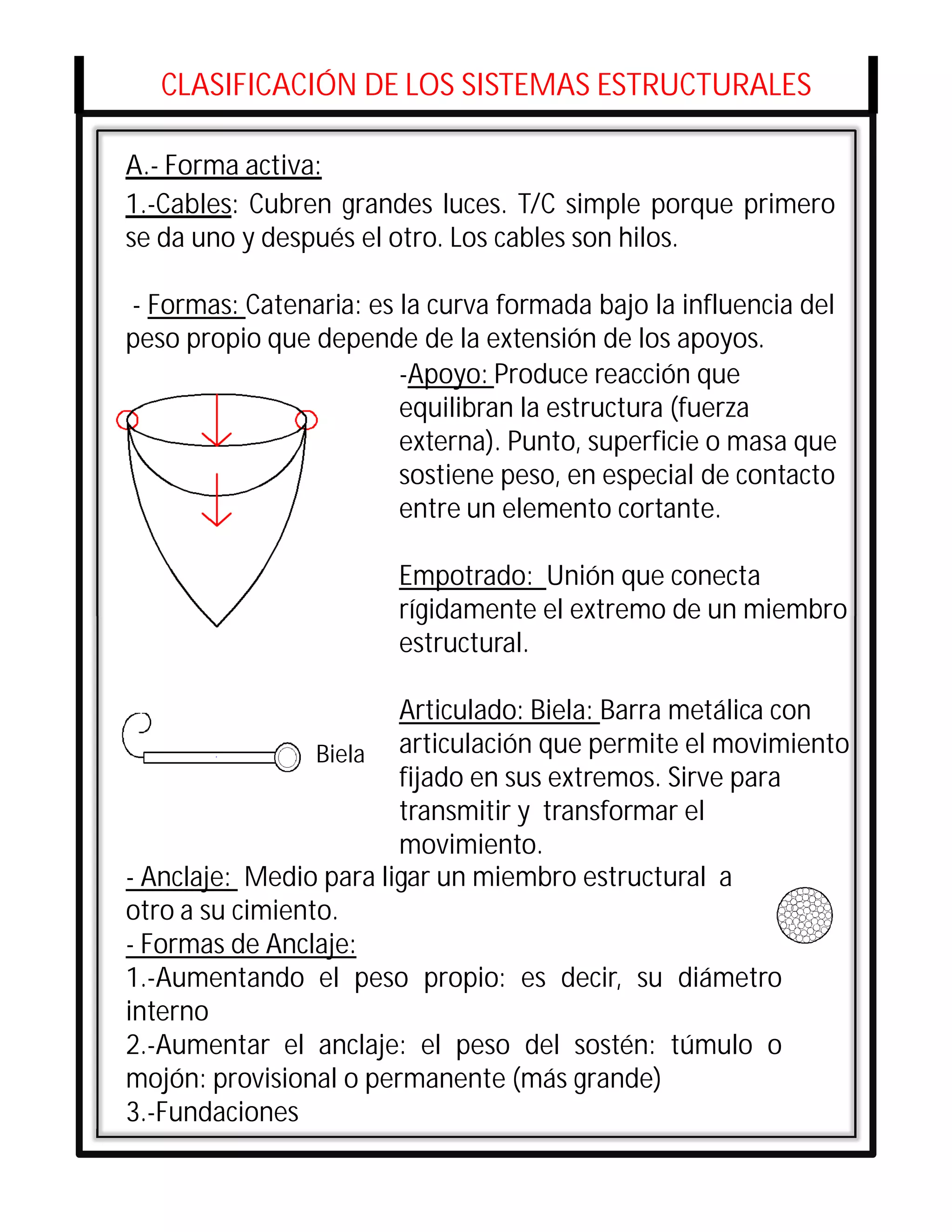 CLASIFICACIÓN DE LOS SISTEMAS ESTRUCTURALES

A.- Forma activa:
1.-Cables: Cubren grandes luces. T/C simple porque primero
se da uno y después el otro. Los cables son hilos.

- Formas: Catenaria: es la curva formada bajo la influencia del
peso propio que depende de la extensión de los apoyos.
                        -Apoyo: Produce reacción que
                        equilibran la estructura (fuerza
                        externa). Punto, superficie o masa que
                        sostiene peso, en especial de contacto
                        entre un elemento cortante.

                        Empotrado: Unión que conecta
                        rígidamente el extremo de un miembro
                              Co
                        estructural.

                        Articulado: Biela: Barra metálica con
                 Biela articulación que permite el movimiento
                        fijado en sus extremos. Sirve para
                        transmitir y transformar el
                        movimiento.
- Anclaje: Medio para ligar un miembro estructural a
otro a su cimiento.
- Formas de Anclaje:
1.-Aumentando el peso propio: es decir, su diámetro
interno
2.-Aumentar el anclaje: el peso del sostén: túmulo o
mojón: provisional o permanente (más grande)
3.-Fundaciones
 