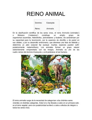 REINO ANIMAL
Dominio: Eukaryota
Reino: Animalia
En la clasificación científica de los seres vivos, el reino Animalia (‘ani...