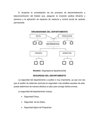 9. Auspiciar la consolidación de los procesos de descentralización y
desconcentración del Estado que, aseguren la inversión pública eficiente y
oportuna y la aplicación de espacios de veeduría y control social de carácter
permanente.



                    ORGANIGRAMA DEL DEPARTAMENTO

                         RR.HH.                        PRODUCCION



                                      INFORMATICA


                        FINANZAS                       MARKETING




                      Nombre: Organigrama departamental

                     SEGURIDAD DEL DEPARTAMENTO

     La seguridad del departamento a auditar e muy importante, ya que una vez
que el auditor de sistemas reconoce la seguridad o las posibles escases de esta,
puede determinar de manera efectiva un plan para corregir dichos errores.

     La seguridad del departamento incluye:

        •   Seguridad Física.

        •   Seguridad de los Datos.

        •   Seguridad lógica de Programas.
 