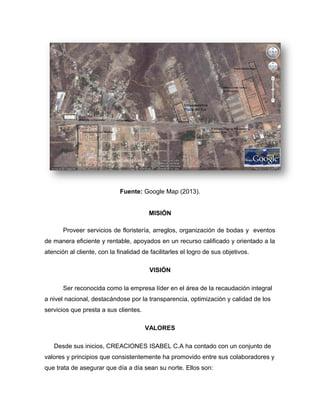 Fuente: Google Map (2013).


                                        MISIÓN

       Proveer servicios de floristería, arreglos, organización de bodas y eventos
de manera eficiente y rentable, apoyados en un recurso calificado y orientado a la
atención al cliente, con la finalidad de facilitarles el logro de sus objetivos.

                                         VISIÓN

       Ser reconocida como la empresa líder en el área de la recaudación integral
a nivel nacional, destacándose por la transparencia, optimización y calidad de los
servicios que presta a sus clientes.

                                       VALORES

   Desde sus inicios, CREACIONES ISABEL C.A ha contado con un conjunto de
valores y principios que consistentemente ha promovido entre sus colaboradores y
que trata de asegurar que día a día sean su norte. Ellos son:
 