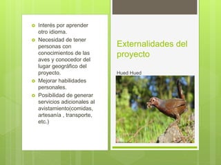Externalidades del
proyecto
 Interés por aprender
otro idioma.
 Necesidad de tener
personas con
conocimientos de las
aves y conocedor del
lugar geográfico del
proyecto.
 Mejorar habilidades
personales.
 Posibilidad de generar
servicios adicionales al
avistamiento(comidas,
artesanía , transporte,
etc.)
Hued Hued
 