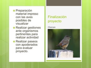 Finalización
proyecto
 Preparación
material impreso
con las aves
posibles de
visualizar
 Realizar gestiones
ante organismos
pertinentes para
realizar actividad
 Realizar paseos
con apoderados
para evaluar
proyecto.
Chercan
 
