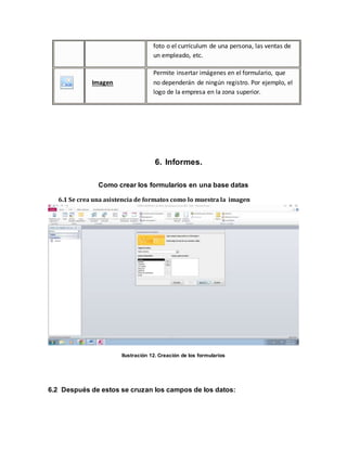 foto o el currículum de una persona, las ventas de 
un empleado, etc. 
Imagen 
Permite insertar imágenes en el formulario, que 
no dependerán de ningún registro. Por ejemplo, el 
logo de la empresa en la zona superior. 
6. Informes. 
Como crear los formularios en una base datas 
6.1 Se crea una asistencia de formatos como lo muestra la imagen 
Ilustración 12. Creación de los formularios 
6.2 Después de estos se cruzan los campos de los datos: 
 