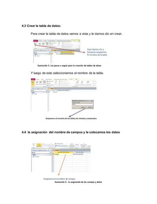 4.3 Crear la tabla de datos: 
Para crear la tabla de datos vamos a vista y le damos clic en crear. 
Ilustración 5. Los pasos a seguir para la creación de tablas de datos 
Y luego de esto seleccionamos el nombre de la tabla. 
4.4 la asignación del nombre de campus y le colocamos los datos 
Ilustración 6 . la asignación de los campos y datos 
 