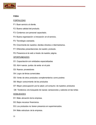 15
FODA
FORTALEZAS
F1: Buen servicio al cliente.
F2: Buena calidad del producto.
F3: Contamos con personal capacitado.
F4: Buena organización e innovación en el servicio.
F5: Tecnología avanzada.
F6: Crecimiento de nuestros clientes directos e intermediarios.
F7: Diferentes presentaciones de nuestro producto.
F8: Presencia en la web a través de nuestra página.
OPORTUNIDADES
O1: Capacitación con entidades especializadas
O2: Abrir nuevos puntos de venta en el país
O3: Nuevos proveedores
O4: Logro de ferias comerciales
O5: Venta de otros productos complementarios como postres
O6: Mayor conocimiento de los productos
O7: Mayor preocupación por la salud y el consumo de nuestros productos
O8: Tendencia a la búsqueda de nuevas sensaciones y sabores en las tortas
DEBILIDADES
D1: Mala ubicación de la empresa.
D2: Bajos recursos financieros.
D3: Los productos no tienen presencia en supermercados.
D4: Mala estructura de la empresa.
 