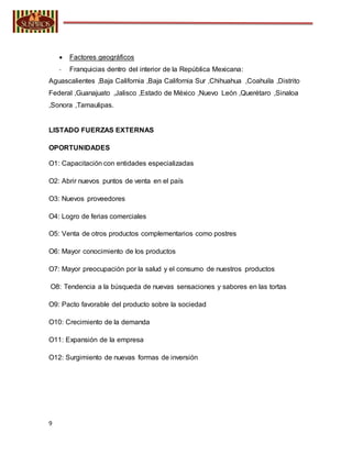9
 Factores geográficos
- Franquicias dentro del interior de la República Mexicana:
Aguascalientes ,Baja California ,Baja California Sur ,Chihuahua ,Coahuila ,Distrito
Federal ,Guanajuato ,Jalisco ,Estado de México ,Nuevo León ,Querétaro ,Sinaloa
,Sonora ,Tamaulipas.
LISTADO FUERZAS EXTERNAS
OPORTUNIDADES
O1: Capacitación con entidades especializadas
O2: Abrir nuevos puntos de venta en el país
O3: Nuevos proveedores
O4: Logro de ferias comerciales
O5: Venta de otros productos complementarios como postres
O6: Mayor conocimiento de los productos
O7: Mayor preocupación por la salud y el consumo de nuestros productos
O8: Tendencia a la búsqueda de nuevas sensaciones y sabores en las tortas
O9: Pacto favorable del producto sobre la sociedad
O10: Crecimiento de la demanda
O11: Expansión de la empresa
O12: Surgimiento de nuevas formas de inversión
 