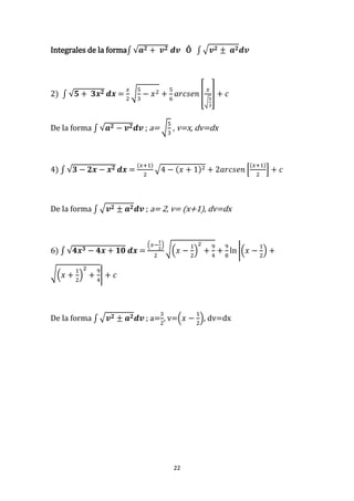 22
Integrales de la forma∫ √𝒂 𝟐 + 𝒗 𝟐 𝒅𝒗 Ó ∫ √ 𝒗 𝟐 ± 𝒂 𝟐 𝒅𝒗
2) ∫ √𝟓 + 𝟑𝒙 𝟐 𝒅𝒙 =
𝑥
2
√
5
3
− 𝑥2 +
5
6
𝑎𝑟𝑐𝑠𝑒𝑛 [
𝑥
√
5
3
] + 𝑐
De la forma ∫ √𝒂 𝟐 − 𝒗 𝟐 𝒅𝒗 ; a= √
5
3
, v=x, dv=dx
4) ∫ √𝟑 − 𝟐𝒙 − 𝒙 𝟐 𝒅𝒙 =
(𝑥+1)
2
√4 − (𝑥 + 1)2 + 2𝑎𝑟𝑐𝑠𝑒𝑛 [
(𝑥+1)
2
] + 𝑐
De la forma ∫ √ 𝒗 𝟐 ± 𝒂 𝟐 𝒅𝒗 ; a= 2, v= (x+1), dv=dx
6) ∫ √𝟒𝒙 𝟑 − 𝟒𝒙 + 𝟏𝟎 𝒅𝒙 =
(𝑥−
1
2
)
2
√(𝑥 −
1
2
)
2
+
9
4
+
9
8
ln |(𝑥 −
1
2
) +
√(𝑥 +
1
2
)
2
+
9
4
| + 𝑐
De la forma ∫ √ 𝒗 𝟐 ± 𝒂 𝟐 𝒅𝒗 ; a=
3
2
, v=(𝑥 −
1
2
), dv=dx
 