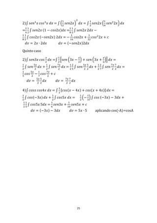 25
2)∫ 𝑠𝑒𝑛3
𝑥 𝑐𝑜𝑠3
𝑥 𝑑𝑥 = ∫ (
1
2
𝑠𝑒𝑛2𝑥)
3
𝑑𝑥 = ∫
1
2
𝑠𝑒𝑛2𝑥 (
1
4
𝑠𝑒𝑛2
2𝑥) 𝑑𝑥
=
1
4
1
2
∫ 𝑠𝑒𝑛2𝑥 (1 − 𝑐𝑜𝑠2𝑥)𝑑𝑥 =
1
8
1
2
∫ 𝑠𝑒𝑛2𝑥 2𝑑𝑥 −
1
8
1
2
∫ 𝑐𝑜𝑠2𝑥 (−𝑠𝑒𝑛2𝑥) 2𝑑𝑥 = −
1
16
𝑐𝑜𝑠2𝑥 +
1
32
𝑐𝑜𝑠2
2𝑥 + 𝑐
𝑑𝑣 = 2𝑥 ∙ 2𝑑𝑥 𝑑𝑣 = (−𝑠𝑒𝑛2𝑥)2𝑑𝑥
Quinto caso
2)∫ 𝑠𝑒𝑛3𝑥 𝑐𝑜𝑠
𝑥
2
𝑑𝑥 =∫
1
2
[𝑠𝑒𝑛 (3𝑥 −
𝑥
2
) + 𝑠𝑒𝑛 (3𝑥 +
𝑥
2
)] 𝑑𝑥 =
1
2
∫ 𝑠𝑒𝑛
5𝑥
2
𝑑𝑥 +
1
2
∫ 𝑠𝑒𝑛
7𝑥
2
𝑑𝑥 =
1
2
2
5
∫ 𝑠𝑒𝑛
5𝑥
2
5
2
𝑑𝑥 +
1
2
2
7
∫ 𝑠𝑒𝑛
7𝑥
2
7
2
𝑑𝑥 =
1
5
𝑐𝑜𝑠
5𝑥
2
−
1
7
𝑐𝑜𝑠
7𝑥
2
+ 𝑐
𝑑𝑣 =
5𝑥
2
5
2
𝑑𝑥 𝑑𝑣 =
7𝑥
2
7
2
𝑑𝑥
4)∫ 𝑐𝑜𝑠𝑥 𝑐𝑜𝑠4𝑥 𝑑𝑥 = ∫
1
2
[𝑐𝑜𝑠(𝑥 − 4𝑥) + 𝑐𝑜𝑠(𝑥 + 4𝑥)] 𝑑𝑥 =
1
2
∫ 𝑐𝑜𝑠(−3𝑥) 𝑑𝑥 +
1
2
∫ 𝑐𝑜𝑠5𝑥 𝑑𝑥 =
1
2
(−
1
3
) ∫ 𝑐𝑜𝑠 (−3𝑥) − 3𝑑𝑥 +
1
2
1
5
∫ 𝑐𝑜𝑠5𝑥 5𝑑𝑥 =
1
6
𝑠𝑒𝑛3𝑥 +
1
10
𝑠𝑒𝑛5𝑥 + 𝑐
𝑑𝑣 = (−3𝑥) − 3𝑑𝑥 𝑑𝑣 = 5𝑥 ∙ 5 aplicando cos(-A)=cosA
 