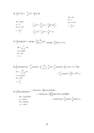 30
4.-  dxex x22
 dxxeex xx 222
2
1






  dxexeex xxx 2222
2
1
2
1
2
1
1.-  arctgxdx 

  dx
x
x
xarctgx 2
1
2
2
1
5.- dxxArcSenx2




 dxxxarcsenx
x
dx
x
x
x
arcsenx
x
4)1(
221
2
2
2
1
432
22
4
2
2
6.-  xdxSenxSen3
x
x
ev
dxedv
xu
xdxdu
2
2
2
2
1
2




x
x
ev
dxedv
xu
dxdu
2
2
2
1




cexeex xxx
 2222
4
1
2
1
2
1
  cxarcsenx
x
 2
1
42
2
1
2
1
2
2
41
2
2
2
2
x
v
xdxdv
arcsenxu
dx
x
du





  xdxxxxsen 3coscos3cos3
    dxxxxxsen 4cos)2cos(
2
1
3cos3
cxsenxsenxxsen  4
8
3
2
4
3
cos3
xv
senxdxdv
xsenu
xdxdu
cos
3
3cos3




xv
dxdv
arctgxu
dx
x
du




 2
1
1
cxxarctgx  |1|ln
2
1 2
 