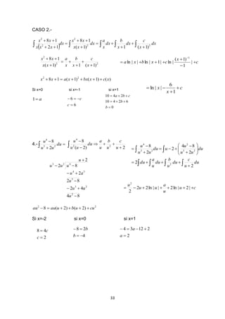 33
CASO 2.-
    








dx
x
c
dx
x
b
dx
x
a
dx
xx
xx
dx
xxx
xx
22
2
2
2
)1(1)1(
18
12
18
)()1()1(18
)1(1)1(
18
22
22
2
xcxbxxaxx
x
c
x
b
x
a
xx
xx







Si x=0 si x=-1 si x=1
6
6


c
c
4.-  


du
uu
u
23
4
2
8
 



2)2(
8
22
4
u
c
u
b
u
a
du
uu
u
22
)2()2(8 cuubuauau 
Si x=-2 si x=0 si x=1
c
x
x 


1
6
||ln
c
x
cxbxa 




|
1
)1(
|ln|1|ln||ln
1
a1
0
62410
2410



b
b
cba
2
84
42
82
2
82
2
23
3
34
423






u
u
uu
u
au
uuu   















du
u
c
du
u
b
du
u
a
du
du
uu
u
udu
uu
u
2
2
2
84
2
2
8
2
23
2
23
4
2
48


c
c
2
21234


a
a
4
28


b
b
cu
u
a
uu
u
 |2|ln2||ln22
2
2
 