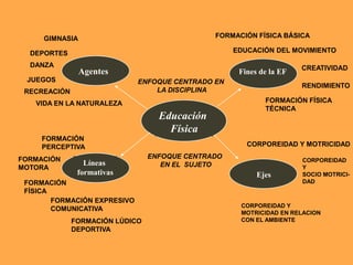 GIMNASIA                                  FORMACIÓN FÍSICA BÁSICA

  DEPORTES                                          EDUCACIÓN DEL MOVIMIENTO

  DANZA                                                               CREATIVIDAD
                Agentes                              Fines de la EF
 JUEGOS                       ENFOQUE CENTRADO EN
                                                                      RENDIMIENTO
 RECREACIÓN                       LA DISCIPLINA
   VIDA EN LA NATURALEZA                                    FORMACIÓN FÍSICA
                                                            TÉCNICA
                                   Educación
                                     Física
     FORMACIÓN
     PERCEPTIVA                                        CORPOREIDAD Y MOTRICIDAD

FORMACIÓN                        ENFOQUE CENTRADO
                                                                      CORPOREIDAD
                 Líneas             EN EL SUJETO
MOTORA                                                                Y
               formativas                                 Ejes        SOCIO MOTRICI-
 FORMACIÓN                                                            DAD
 FÍSICA
        FORMACIÓN EXPRESIVO
                                                     CORPOREIDAD Y
        COMUNICATIVA
                                                     MOTRICIDAD EN RELACION
              FORMACIÓN LÚDICO                       CON EL AMBIENTE
              DEPORTIVA
 
