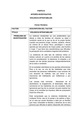 PARTE B

                  INTERÉS INVESTIGATIVO

                 VIOLENCIA INTRAFAMILIAR



                       FICHA TÉCNICA

FACTOR           DESCRIPCIÓN DEL FACTOR

TÍTULO           VIOLENCIA INTRAFAMILIAR

  PROBLEMA DE    La violencia intrafamiliar es una problemática que
 INVESTIGACIÓN   afecta a miles de familias sin importar su edad o
                 condición social es la que se da en la propia familia
                 cuando una persona (mujer, hombre, adulto/a, niño/a)
                 es víctima de un abuso físico, psicológico o sexual
                 ejercido por otra persona de mayor poder, sea hombre
                 o mujer. Y que tiene dos características que dificultan
                 la percepción de la verdadera magnitud del problema.

                  La existencia de este tipo de violencia indica un
                 retraso cultural, en cuanto a la perdida de los valores
                 como la consideración, la tolerancia, la empatía, y el
                 respeto por las demás personas independientemente
                 de su sexo o condición.

                 En la sociedad colombiana es de grandes dimensiones
                 Pero a la vez, es una de las realidades que más
                 esconden las personas maltratadas o que conocen de
                 una situación de maltrato, sea por temor a las
                 reacciones del maltratante, por indiferencia o por
                 ignorancia.

                 Las causas más comunes               descansan en el
                 alcoholismo, la drogadicción, el desempleo, falta de
                 conciencia en los habitantes de una sociedad, fuerte
                 ignorancia que hay de no conocer vía para resolver las
                 cosas, el no controlar los impulsos, falta de compresión
                 hacia los niños etc.

                 Está comprobado que la violencia intrafamiliar en
                 cualquier forma, sea en la pareja o de padres a hijos,
                 es un acto por acción llevados a cabo por un familiar
                 que hace vulnerable la libertad y derechos de la otra
                 persona que dificulta el óptimo desarrollo del individuo
 