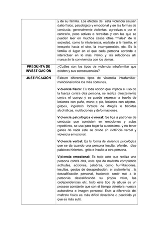 y de su familia. Los efectos de esta violencia causan
                daño físico, psicológico y emocional y en las formas de
                conducta, generalmente violentas, agresivas o por el
                contrario, poco activas o retraídas y con las que se
                pueden leer en muchos casos otros "males" de la
                sociedad, como la intolerancia, maltrato a la familia, el
                irrespeto hacia el otro, la incomprensión, etc. Es la
                familia el lugar en el que cada persona aprende a
                interactuar en lo más íntimo y las relaciones allí
                marcarán la convivencia con los demás.

 PREGUNTA DE    ¿Cuáles son los tipos de violencia intrafamiliar que
INVESTIGACIÓN   existen y sus consecuencias?

JUSTIFICACIÓN   Existen diferentes tipos de violencia intrafamiliar,
                mencionaremos los más comunes.

                Violencia física: Es toda acción que implica el uso de
                la fuerza contra otra persona, se realiza directamente
                contra el cuerpo y se puede expresar a través de
                lesiones con puño, mano o pie, lesiones con objetos,
                golpes, ingestión forzada de drogas o bebidas
                alcohólicas, mutilaciones y deformaciones.

                Violencia psicológica o moral: Se liga a patrones de
                conducta que consisten en emociones y actos
                repetitivos, se usa para bajar la autoestima, y no tener
                ganas de nada este se divide en violencia verbal y
                violencia emocional.

                Violencia verbal: Es la forma de violencia psicológica
                que se da cuando una persona insulta, ofende, dice
                palabras hirientes, grita e insulta a otra persona.

                Violencia emocional: Es todo acto que realiza una
                persona contra otra, este tipo de maltrato comprende
                actitudes, acciones, palabras, como humillaciones,
                insultos, gestos de desaprobación, el aislamiento , la
                descalificación personal, haciendo sentir mal a la
                personas descalificando su propio valor, las
                codependencias etc. todo este tipo de abuso es un
                proceso constante que con el tiempo deteriora nuestra
                autoestima e imagen personal. Este a diferencia del
                maltrato físico es más difícil detectarlo o percibirlo ya
                que es más sutil.
 
