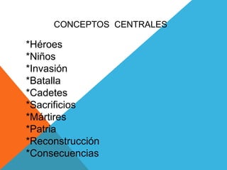 CONCEPTOS  CENTRALES*Héroes*Niños*Invasión*Batalla*Cadetes*Sacrificios*Mártires*Patria*Reconstrucción*Consecuencias