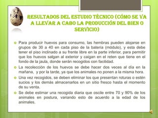 RESULTADOS DEL ESTUDIO TÉCNICO (CÓMO SE VA
A LLEVAR A CABO LA PRODUCCIÓN DEL BIEN O
SERVICIO)
 Para producir huevos para ...