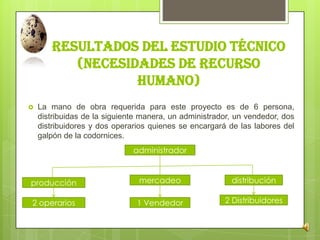 RESULTADOS DEL ESTUDIO TÉCNICO
(necesidades de recurso
humano)
 La mano de obra requerida para este proyecto es de 6 pers...