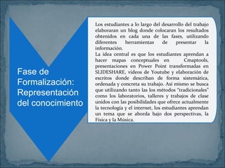 Fase de Formalización: Representación del conocimiento Los estudiantes a lo largo del desarrollo del trabajo elaboraran un blog donde colocaran los resultados obtenidos en cada una de las fases, utilizando diferentes herramientas de presentar la información. La idea central es que los estudiantes aprendan a hacer mapas conceptuales en  Cmaptools, presentaciones en Power Point transformadas en SLIDESHARE, videos de Youtube y elaboración de escritos donde describan de forma sistemática, ordenada y concreta su trabajo. Así mismo se busca que utilizando tanto las los métodos “tradicionales” como los laboratorios, talleres y trabajos de clase unidos con las posibilidades que ofrece actualmente la tecnología y el internet, los estudiantes aprendan un tema que se aborda bajo dos perspectivas, la Física y la Música. 
