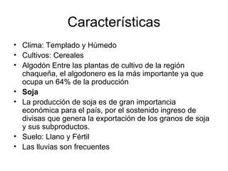 Características
• Clima: Templado y Húmedo
• Cultivos: Cereales
• Algodón Entre las plantas de cultivo de la región
chaqueña, el algodonero es la más importante ya que
ocupa un 64% de la producción
• Soja
• La producción de soja es de gran importancia
económica para el país, por el sostenido ingreso de
divisas que genera la exportación de los granos de soja
y sus subproductos.
• Suelo: Llano y Fértil
• Las lluvias son frecuentes
 