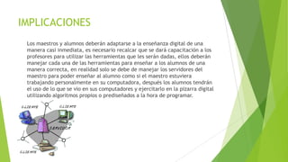 IMPLICACIONES
Los maestros y alumnos deberán adaptarse a la enseñanza digital de una
manera casi inmediata, es necesario recalcar que se dará capacitación a los
profesores para utilizar las herramientas que les serán dadas, ellos deberán
manejar cada una de las herramientas para enseñar a los alumnos de una
manera correcta, en realidad solo se debe de manejar los servidores del
maestro para poder enseñar al alumno como si el maestro estuviera
trabajando personalmente en su computadora, después los alumnos tendrán
el uso de lo que se vio en sus computadores y ejercitarlo en la pizarra digital
utilizando algoritmos propios o prediseñados a la hora de programar.
 