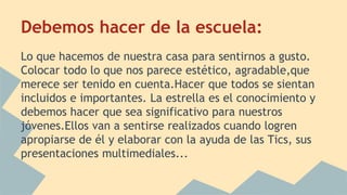 Debemos hacer de la escuela: 
Lo que hacemos de nuestra casa para sentirnos a gusto. 
Colocar todo lo que nos parece estético, agradable,que 
merece ser tenido en cuenta.Hacer que todos se sientan 
incluidos e importantes. La estrella es el conocimiento y 
debemos hacer que sea significativo para nuestros 
jóvenes.Ellos van a sentirse realizados cuando logren 
apropiarse de él y elaborar con la ayuda de las Tics, sus 
presentaciones multimediales... 
 