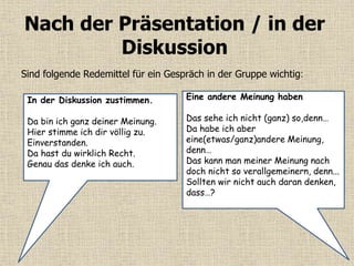Nach der Präsentation / in der
Diskussion
Sind folgende Redemittel für ein Gespräch in der Gruppe wichtig:
In der Diskussion zustimmen.
Da bin ich ganz deiner Meinung.
Hier stimme ich dir völlig zu.
Einverstanden.
Da hast du wirklich Recht.
Genau das denke ich auch.
Eine andere Meinung haben
Das sehe ich nicht (ganz) so,denn…
Da habe ich aber
eine(etwas/ganz)andere Meinung,
denn…
Das kann man meiner Meinung nach
doch nicht so verallgemeinern, denn...
Sollten wir nicht auch daran denken,
dass…?
 
