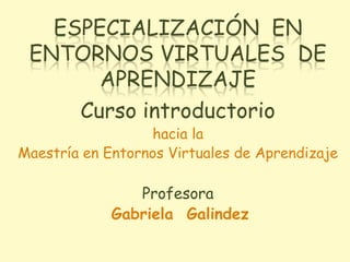 ESPECIALIZACIÓN EN
 ENTORNOS VIRTUALES DE
       APRENDIZAJE
     Curso introductorio
                  hacia la
Maestría en Entornos Virtuales de Aprendizaje

                Profesora
             Gabriela Galindez
 