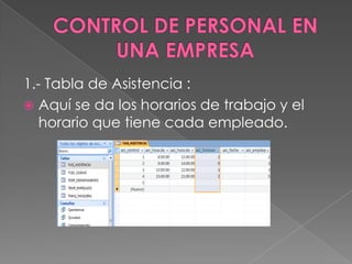 1.- Tabla de Asistencia :
 Aquí se da los horarios de trabajo y el
   horario que tiene cada empleado.
 