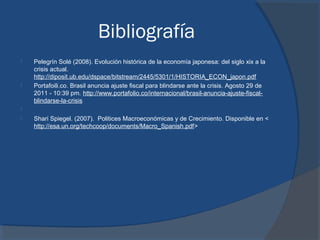Bibliografía




Pelegrín Solé (2008). Evolución histórica de la economía japonesa: del siglo xix a la
crisis actual.
http://diposit.ub.edu/dspace/bitstream/2445/5301/1/HISTORIA_ECON_japon.pdf
Portafoili.co. Brasil anuncia ajuste fiscal para blindarse ante la crisis. Agosto 29 de
2011 - 10:39 pm. http://www.portafolio.co/internacional/brasil-anuncia-ajuste-fiscalblindarse-la-crisis




Shari Spiegel. (2007). Politices Macroeconómicas y de Crecimiento. Disponible en <
http://esa.un.org/techcoop/documents/Macro_Spanish.pdf>

 