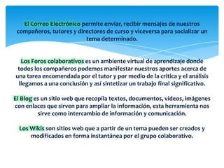 El Correo Electrónico permite enviar, recibir mensajes de nuestros
compañeros, tutores y directores de curso y viceversa para socializar un
tema determinado.
Los Foros colaborativos es un ambiente virtual de aprendizaje donde
todos los compañeros podemos manifestar nuestros aportes acerca de
una tarea encomendada por el tutor y por medio de la critica y el análisis
llegamos a una conclusión y así sintetizar un trabajo final significativo.
El Blog es un sitio web que recopila textos, documentos, videos, imágenes
con enlaces que sirven para ampliar la información, esta herramienta nos
sirve como intercambio de información y comunicación.
Los Wikis son sitios web que a partir de un tema pueden ser creados y
modificados en forma instantánea por el grupo colaborativo.
 