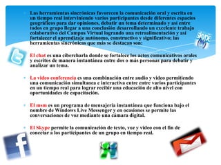 Las herramientas sincrónicas favorecen la comunicación oral y escrita en
un tiempo real interviniendo varios participantes desde diferentes espacios
geográficos para dar opiniones, debatir un tema determinado y así entre
todos en grupo llegar a una conclusión desarrollando un excelente trabajo
colaborativo del Campus Virtual logrando una retroalimentación y así
fortalecer el aprendizaje autónomo, constructivo y significativo; las
herramientas sincrónicas que más se destacan son:
El chat es una cibercharla donde se fortalece los actos comunicativos orales
y escritos de manera instantánea entre dos o más personas para debatir y
analizar un tema.
La video conferencia es una combinación entre audio y video permitiendo
una comunicación simultanea e interactiva entre entre varios participantes
en un tiempo real para lograr recibir una educación de alto nivel con
oportunidades de capacitación.
El msm es un programa de mensajería instantánea que funciona bajo el
nombre de Windows Live Messenger y en ocasiones se permite las
conversaciones de voz mediante una cámara digital.
El Skype permite la comunicación de texto, voz y video con el fin de
conectar a los participantes de un grupo en tiempo real.
 