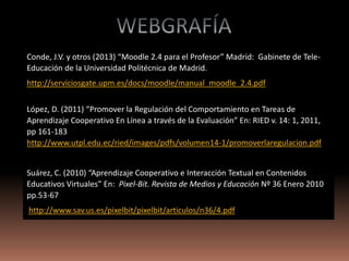 Conde, J.V. y otros (2013) “Moodle 2.4 para el Profesor” Madrid: Gabinete de Tele-
Educación de la Universidad Politécnica de Madrid.
http://serviciosgate.upm.es/docs/moodle/manual_moodle_2.4.pdf
López, D. (2011) “Promover la Regulación del Comportamiento en Tareas de
Aprendizaje Cooperativo En Línea a través de la Evaluación” En: RIED v. 14: 1, 2011,
pp 161-183
http://www.utpl.edu.ec/ried/images/pdfs/volumen14-1/promoverlaregulacion.pdf
Suárez, C. (2010) “Aprendizaje Cooperativo e Interacción Textual en Contenidos
Educativos Virtuales” En: Pixel-Bit. Revista de Medios y Educación Nº 36 Enero 2010
pp.53-67
http://www.sav.us.es/pixelbit/pixelbit/articulos/n36/4.pdf
 