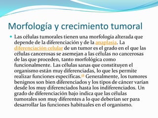 Morfología y crecimiento tumoral
 Las células tumorales tienen una morfología alterada que
depende de la diferenciación y de la anaplasia. La
diferenciación celular de un tumor es el grado en el que las
células cancerosas se asemejan a las células no cancerosas
de las que proceden, tanto morfológica como
funcionalmente. Las células sanas que constituyen el
organismo están muy diferenciadas, lo que les permite
realizar funciones específicas.18 Generalmente, los tumores
benignos son bien diferenciados y los tipos de cáncer varían
desde los muy diferenciados hasta los indiferenciados. Un
grado de diferenciación bajo indica que las células
tumorales son muy diferentes a lo que deberían ser para
desarrollar las funciones habituales en el organismo.
 