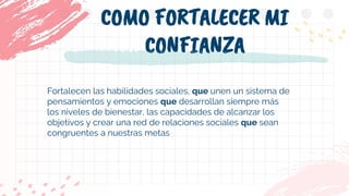 Fortalecen las habilidades sociales, que unen un sistema de
pensamientos y emociones que desarrollan siempre más
los niveles de bienestar, las capacidades de alcanzar los
objetivos y crear una red de relaciones sociales que sean
congruentes a nuestras metas
COMO FORTALECER MI
CONFIANZA
 