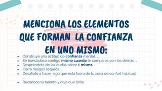 MENCIONA LOS ELEMENTOS
QUE FORMAN LA CONFIANZA
EN UNO MISMO:
● Construye una actitud de confianza mental. ...
● Sé bondadoso contigo mismo cuando te compares con los demás. ...
● Despréndete de las dudas sobre ti mismo. ...
● Corre riesgos seguros. ...
● Desafíate a hacer algo que está fuera de tu zona de confort habitual.
...
● Reconoce tu talento y deja que brille.
 
