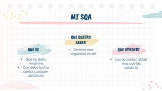 • Generar mas
seguridad en mi.
• Que no debo
rendirme
• Que debo luchar
contra cualquier
obstaculo
• Las acciones hablan
mas que las
palabras
QUE QUIERO
SABER
QUE SE QUE APRENDI
MI SQA
 