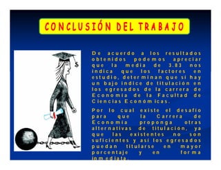 D e ac u er d o a los resulta d os
o bte nidos        pode m os       apreciar
que      la    me dia     de     3.8 3    nos
in dica      que      los   factores       en
est u dio, deter mi n a n q u e sí h a y
u n b aj o i n d i c e d e tit ul a ci ó n e n
los e g r e s a d o s d e la c ar r er a d e
E c o n o m ía de la Fa c ulta d d e
C ie n c ia s E c o n ó m ic a s .
P o r lo c u al existe el d e s afí o
para       que         la     C arrera     de
Econo mía             pro p o n g a     otras
alter n ativa s d e titul a ci ó n, y a
que      las       existe ntes      no    son
s uficie nte s y así los e g r e s a d o s
puedan          tit ul ar s e   en     mayor
p or c e ntaje        y      en        for m a
in m e d i a t a .
 