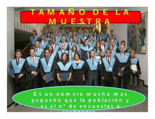 T A M A Ñ O D E L A
    M U E ST R A




 E s u n n ú m ero m u ch o m a s
p e q u e ñ o q u e la p o b la c i ó n y
    e s e l n ° d e e n c u e s ta s a
              re a liz a r s e .
 