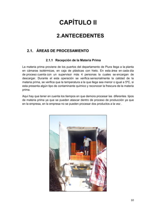 10
CAPÍTULO II
2.ANTECEDENTES
2.1. ÁREAS DE PROCESAMIENTO
2.1.1 Recepción de la Materia Prima
La materia prima proviene de los puertos del departamento de Piura llega a la planta
en cámaras isotérmicas, en caja de plásticas con hielo. En esta área en cada día
de proceso cuenta con un supervisor más 4 personas la cuales se encargan de
descargar. Durante el esta operación se verifica sensorialmente la calidad de la
materia prima, se verifica que la temperatura a la que llega sea menor o igual a 5ºC, si
esta presenta algún tipo de contaminante químico y reconocer la frescura de la materia
prima.
Aquí hay que tener en cuenta los tiempos en que demora procesar las diferentes tipos
de materia prima ya que se pueden atascar dentro de proceso de producción ya que
en la empresa, en la empresa no se pueden procesar dos productos a la vez .
 
