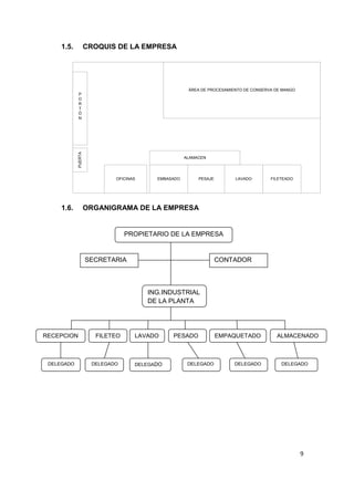 9
1.5. CROQUIS DE LA EMPRESA
ÁREA DE PROCESAMIENTO DE CONSERVA DE MANGO
P
O
R
T
Ó
N
PUERTA
OFICINAS
ALAMACEN
PESAJE LAVADO FILETEADOEMBASADO
1.6. ORGANIGRAMA DE LA EMPRESA
PROPIETARIO DE LA EMPRESA
SECRETARIA CONTADOR
ING.INDUSTRIAL
DE LA PLANTA
RECEPCION FILETEO EMPAQUETADO ALMACENADOPESADOLAVADO
DELEGADO DELEGADO DELEGADO DELEGADODELEGADODELEGADO
 