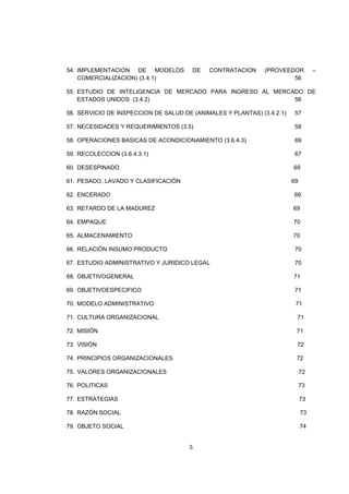 5
54. IMPLEMENTACION DE MODELOS DE CONTRATACION (PROVEEDOR –
COMERCIALIZACION) (3.4.1) 56
55. ESTUDIO DE INTELIGENCIA DE MERCADO PARA INGRESO AL MERCADO DE
ESTADOS UNIDOS (3.4.2) 56
56. SERVICIO DE INSPECCION DE SALUD DE (ANIMALES Y PLANTAS) (3.4.2.1) 57
57. NECESIDADES Y REQUERIMIENTOS (3.5) 58
58. OPERACIONES BASICAS DE ACONDICIONAMIENTO (3.6.4.3) 69
59. RECOLECCION (3.6.4.3.1) 67
60. DESESPINADO 69
61. PESADO, LAVADO Y CLASIFICACIÓN 69
62. ENCERADO 69
63. RETARDO DE LA MADUREZ 69
64. EMPAQUE 70
65. ALMACENAMIENTO 70
66. RELACIÓN INSUMO PRODUCTO 70
67. ESTUDIO ADMINISTRATIVO Y JURIDICO LEGAL 70
68. OBJETIVOGENERAL 71
69. OBJETIVOESPECIFICO 71
70. MODELO ADMINISTRATIVO 71
71. CULTURA ORGANIZACIONAL 71
72. MISIÓN 71
73. VISIÓN 72
74. PRINCIPIOS ORGANIZACIONALES 72
75. VALORES ORGANIZACIONALES 72
76. POLITICAS 73
77. ESTRATEGIAS 73
78. RAZÓN SOCIAL 73
79. OBJETO SOCIAL 74
 