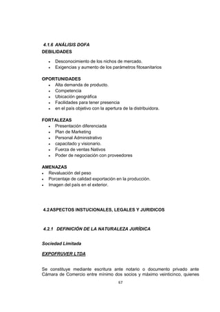 67
4.1.6 ANÁLISIS DOFA
DEBILIDADES
 Desconocimiento de los nichos de mercado.
 Exigencias y aumento de los parámetros fitosanitarios
OPORTUNIDADES
 Alta demanda de producto.
 Competencia
 Ubicación geográfica
 Facilidades para tener presencia
 en el país objetivo con la apertura de la distribuidora.
FORTALEZAS
 Presentación diferenciada
 Plan de Marketing
 Personal Administrativo
 capacitado y visionario.
 Fuerza de ventas Nativos
 Poder de negociación con proveedores
AMENAZAS
 Revaluación del peso
 Porcentaje de calidad exportación en la producción.
 Imagen del país en el exterior.
4.2ASPECTOS INSTUCIONALES, LEGALES Y JURIDICOS
4.2.1 DEFINICIÓN DE LA NATURALEZA JURÍDICA
Sociedad Limitada
EXPOFRUVER LTDA
Se constituye mediante escritura ante notario o documento privado ante
Cámara de Comercio entre mínimo dos socios y máximo veinticinco, quienes
 