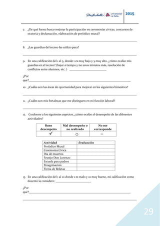 2015
29
7. ¿De qué forma busco mejorar la participación en ceremonias cívicas, concursos de
oratoria y declamación, elaboración de periódico mural?
_____________________________________________________________________________
8. ¿Las guardias del recreo las utilizo para?
_____________________________________________________________________________
9. En una calificación del 1 al 5, donde 1 es muy bajo y 5 muy alto, ¿cómo evalúo mis
guardias en el recreo? (bajar a tiempo y no unos minutos más, resolución de
conflictos entre alumnos, etc. ) _________________________
¿Por
qué?_____________________________________________________________________
10. ¿Cuáles son las áreas de oportunidad para mejorar en los siguientes bimestres?
_____________________________________________________________________________
11. ¿Cuáles son mis fortalezas que me distinguen en mi función laboral?
_____________________________________________________________________________
12. Conforme a los siguientes aspectos, ¿cómo evalúo el desempeño de las diferentes
actividades?
Buen
desempeño
Mal desempeño o
no realizado
No me
corresponde
 o —
Actividad Evaluación
Periódico Mural
Ceremonia Cívica
Día de muertos
Festejo Don Lorenzo
Escuela para padres
Peregrinación
Firma de Boletas
13. En una calificación del 1 al 10 donde 1 es malo y 10 muy bueno, mi calificación como
docente la considero: ________________________
¿Por
qué?_____________________________________________________________________
_____________________________________________________________________________
 