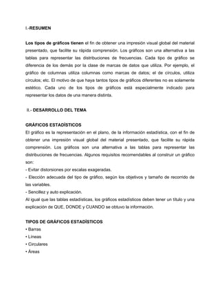 I.-RESUMEN


Los tipos de gráficos tienen el fin de obtener una impresión visual global del material
presentado, que facilite su rápida comprensión. Los gráficos son una alternativa a las
tablas para representar las distribuciones de frecuencias. Cada tipo de gráfico se
diferencia de los demás por la clase de marcas de datos que utiliza. Por ejemplo, el
gráfico de columnas utiliza columnas como marcas de datos; el de círculos, utiliza
círculos; etc. El motivo de que haya tantos tipos de gráficos diferentes no es solamente
estético. Cada uno de los tipos de gráficos está especialmente indicado para
representar los datos de una manera distinta.


II.- DESARROLLO DEL TEMA


GRÁFICOS ESTADÍSTICOS
El gráfico es la representación en el plano, de la información estadística, con el fin de
obtener una impresión visual global del material presentado, que facilite su rápida
comprensión. Los gráficos son una alternativa a las tablas para representar las
distribuciones de frecuencias. Algunos requisitos recomendables al construir un gráfico
son:
- Evitar distorsiones por escalas exageradas.
- Elección adecuada del tipo de gráfico, según los objetivos y tamaño de recorrido de
las variables.
- Sencillez y auto explicación.
Al igual que las tablas estadísticas, los gráficos estadísticos deben tener un título y una
explicación de QUE, DONDE y CUANDO se obtuvo la información.


TIPOS DE GRÁFICOS ESTADÍSTICOS
• Barras
• Líneas
• Circulares
• Áreas
 