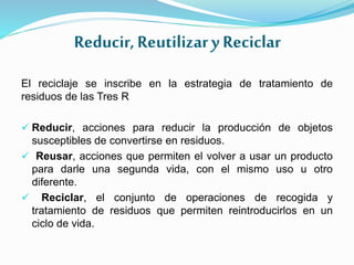 Reducir,Reutilizary Reciclar
El reciclaje se inscribe en la estrategia de tratamiento de
residuos de las Tres R
 Reducir, acciones para reducir la producción de objetos
susceptibles de convertirse en residuos.
 Reusar, acciones que permiten el volver a usar un producto
para darle una segunda vida, con el mismo uso u otro
diferente.
 Reciclar, el conjunto de operaciones de recogida y
tratamiento de residuos que permiten reintroducirlos en un
ciclo de vida.
 