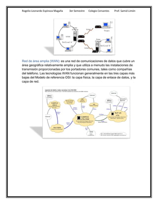 Rogelio Leonardo Espinoza Magaña   3er Semestre   Colegio Cervantes   Prof. Samid Limón




Red de área amplia (WAN): es una red de comunicaciones de datos que cubre un
área geográfica relativamente amplia y que utiliza a menudo las instalaciones de
transmisión proporcionadas por los portadores comunes, tales como compañías
del teléfono. Las tecnologías WAN funcionan generalmente en las tres capas más
bajas del Modelo de referencia OSI: la capa física, la capa de enlace de datos, y la
capa de red.
 