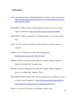 34
Referencias
CARTA DE OTAWA PARA LA PROMOCION DE LA SALUD, (1986). Recuperado de.
https://www.paho.org/hq/dmdocuments/2013/Carta-de-ottawa-para-la-apromocion-
de-la-salud-1986-SP.pdf.
FERNANDEZ Y PEREZ, (2005). El perfil del docente de Educación Física en el marco
europeo. Recuperado de. http://www.redalyc.org/html/2170/217017146009/.
FERNANDEZ, J. (2009). La importancia de la Educación Física en las escuelas: España.
Pàg.1.
SAINZ, R. (1992). Historia de la Educación Física (cuadernos de sección. Educacion
5).Pág. 32.
LARREA, M. (s.f). El deporte en la Edad Media. Recuperado de.
https://biblioteca.unirioja.es/tfe_e/TFE001177.pdf.
MAIORI, M. (2015). La Educación Física dentro de las políticas públicas vinculadas al
deporte y la actividad física: Argentina. pàg.3.
MAIORI, M. (2015). La Educación Física dentro de las políticas públicas vinculadas al
deporte y la actividad física: Argentina. Pàg.11.
MINISTERIO DE EDUCACIÓN, (2018). Plan de Fortalecimiento de la Educación Física y
el deporte escolar. Recuperado de. http://www.drelm.gob.pe/drelm/portal/plan-de-
fortalecimiento-de-la-educacion-fisica-y-el-deporte-escolar-2018-2/.
TURZA, J. (2014-2015). El deporte en la Edad Media: España. Pág.19.
 