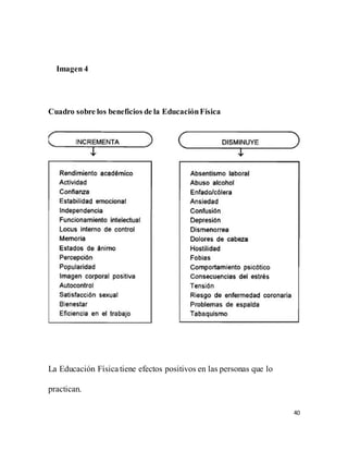 40
Imagen 4
Cuadro sobre los beneficios de la EducaciónFísica
La Educación Física tiene efectos positivos en las personas que lo
practican.
 