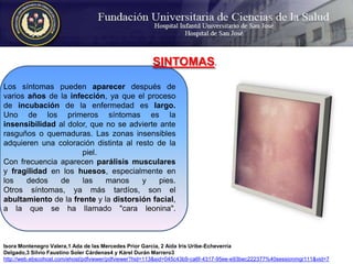 SINTOMAS. Los síntomas pueden aparecer después de varios años de la infección, ya que el proceso de incubación de la enfermedad es largo. Uno de los primeros síntomas es la insensibilidad al dolor, que no se advierte ante rasguños o quemaduras. Las zonas insensibles adquieren una coloración distinta al resto de la piel.Con frecuencia aparecen parálisismusculares y fragilidad en los huesos, especialmente en los dedos de las manos y pies.Otros síntomas, ya más tardíos, son el abultamiento de la frente y la distorsiónfacial, a la que se ha llamado "cara leonina".Isora Montenegro Valera,1 Ada de las Mercedes Prior García, 2 Aida Iris Uribe-EcheverríaDelgado,3 Silvio Faustino Soler Cárdenas4 y Kárel Durán Marrero3http://web.ebscohost.com/ehost/pdfviewer/pdfviewer?hid=113&sid=045c43b9-ca6f-4317-95ee-e93bec222377%40sessionmgr111&vid=7